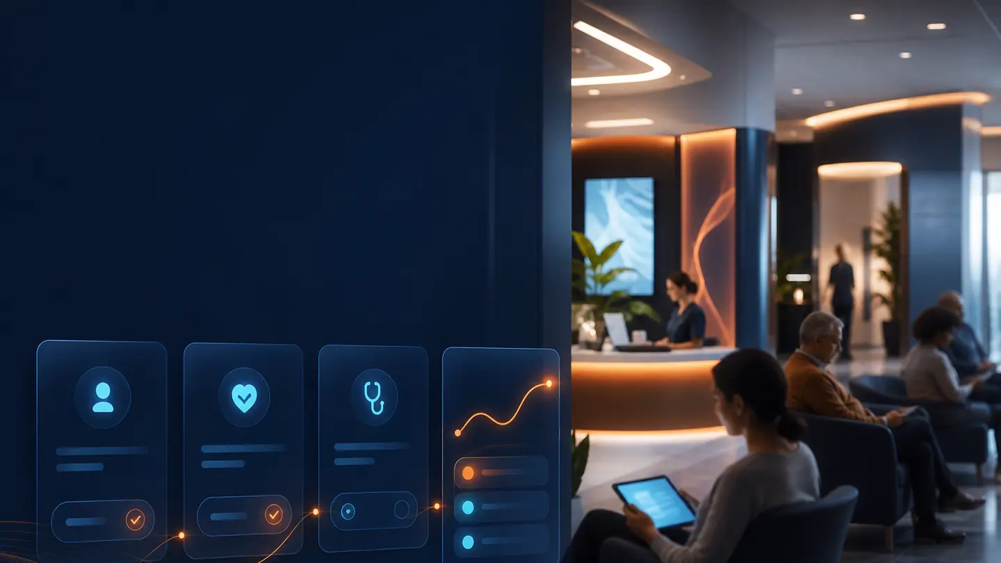 A calm clinic lobby paired with a clear digital patient journey.