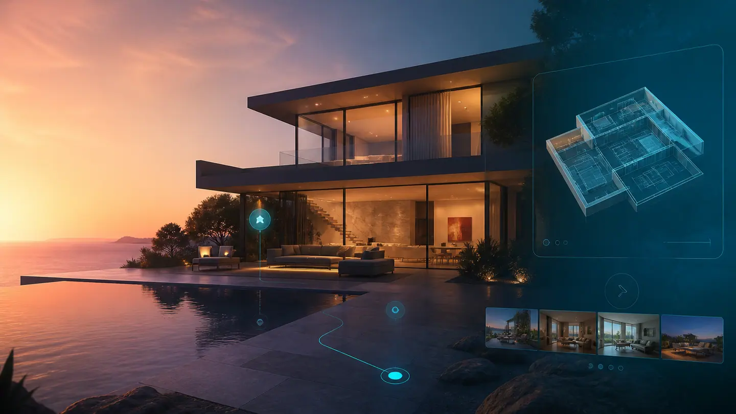 A modern home paired with an interactive property walkthrough.