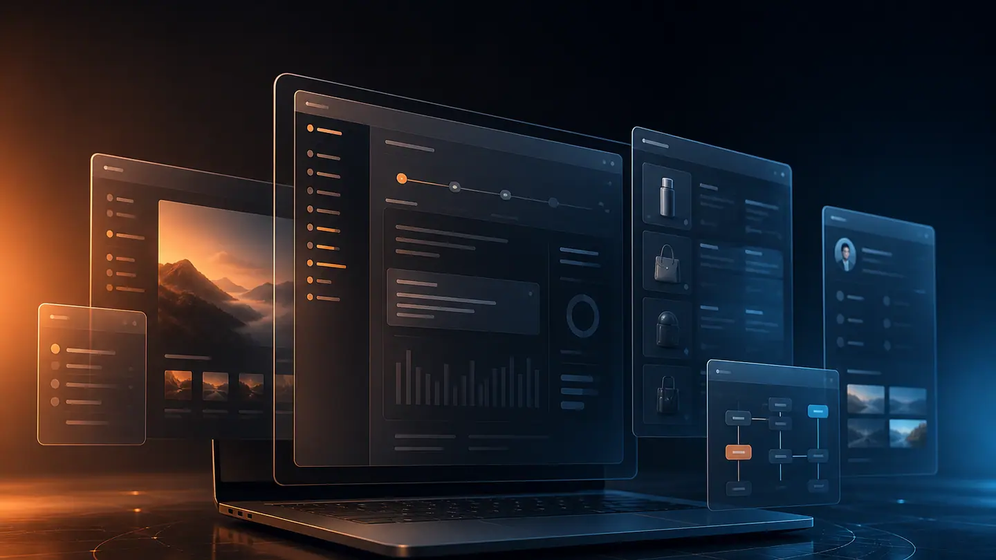 Connected application interfaces arranged around a modern laptop.